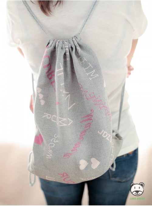 SACKPACK FOR WRAP - WORDS OF LOVE (pink) 100% Cotton, size 31cm x 43cm